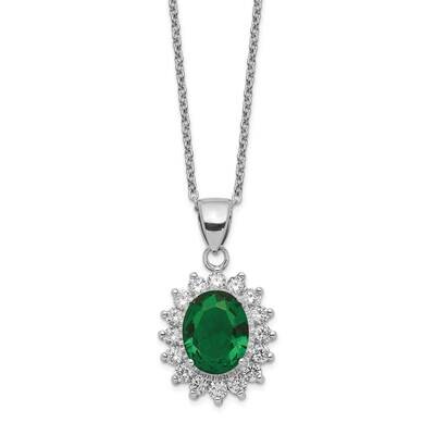 CZ Diamond &amp; Green Glass 18.25 Inch Necklace Sterling Silver Rhodium Plated QCM1410-18.25, MPN: QCM…
