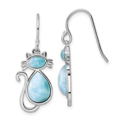 Larimar Cat Dangle Earrings Sterling Silver Rhodium-Plated Polished QE15797, MPN: QE15797, 19690415…