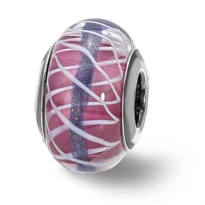 Pink and White Weaved Glass with Blue Stripe Bead Sterling Silver QRS4032, MPN: QRS4032,