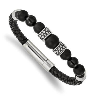 Polished Black Agate Leather 8.25 Inch Bracelet Stainless Steel Antiqued SRB2492-8.25, MPN: SRB2492…