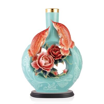 Franz Porcelain Wealth And Blessing - Red Arowana Design Sculptured Porcelain Vase With Wooden Base…