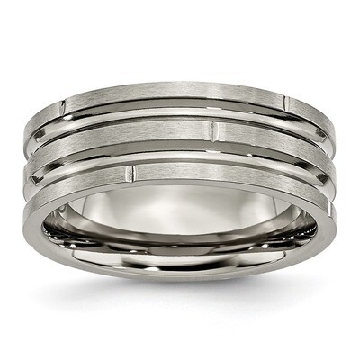 Notched &amp; Grooved 8mm Polished Satin Band Titanium TB330-10