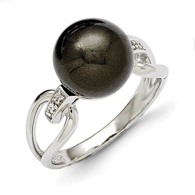 10-11Mm Black Shell Bead &amp; CZ Ring Sterling Silver QMJR100B-6, MPN: QMJR100B, 886774294728