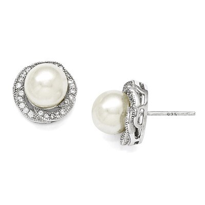 8-9Mm White Shell Bead &amp; CZ Post Earrings Sterling Silver QMJE801W, MPN: QMJE801W, 886774293868