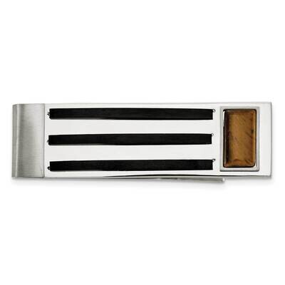 Polished Black Ip with Tiger&#39;s Eye Money Clip Stainless Steel Brushed SRM199 by Chisel, MPN: SRM199…