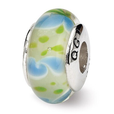 Green Blue Hand-blown Glass Bead - Sterling Silver QRS657, MPN: QRS657, 883957725673