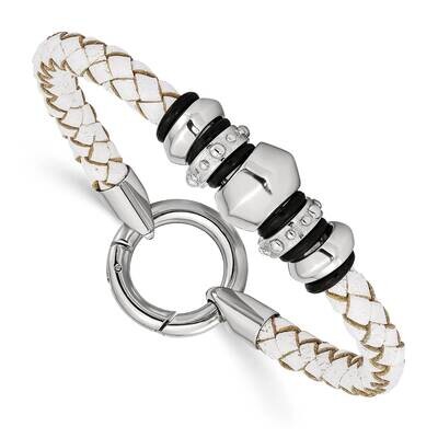 White Leather Black Rubber Bracelet Stainless Steel Polished SRB1260-8.25 by Chisel, MPN: SRB1260-8…