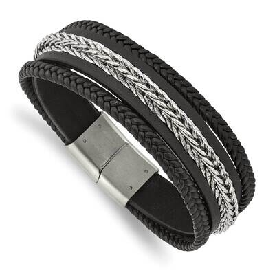 Multi Strand Black Leather 8.5 Inch Bracelet Stainless Steel Polished SRB3002-8.5, MPN: SRB3002-8.5…