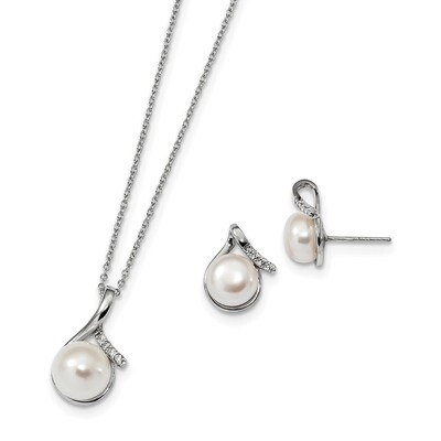 Sterling Silver Rh8-10mm White Cultured Freshwater Pearl CZ Diamond Earring Necklace Set Sterling S…