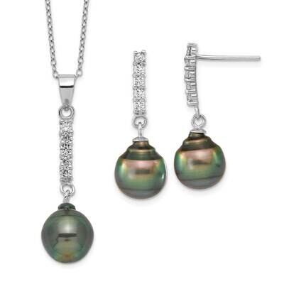 9-10mm Tahitian Saltwater Pearl CZ Diamond Ear &amp; Neck Set Sterling Silver Rhodium-plated QH5613SET,…