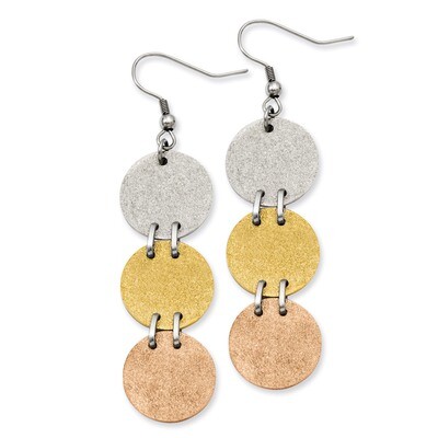 Tri-Color IP-plated Discs Dangle Earrings - Stainless Steel SRE524 by Chisel, MPN: SRE524, 19110107…