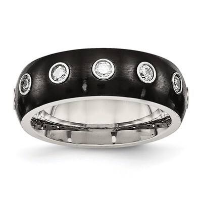 Black IP Diamond CZ Half Round Ring Stainless Steel Brushed and Polished SR574 by Chisel, MPN: SR57…