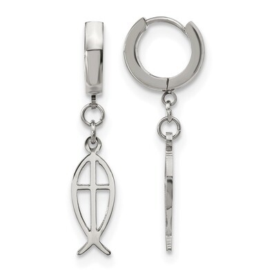 Ichthus Hinged Hoop Dangle Earrings Stainless Steel Polished SRE1201 by Chisel, MPN: SRE1201, 19110…