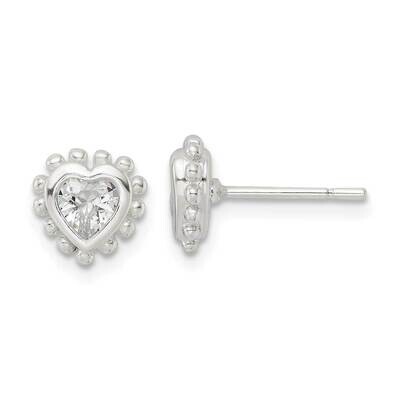 Beaded Edge Heart CZ Diamond Post Earrings Sterling Silver QE16122, MPN: QE16122, 196904149850