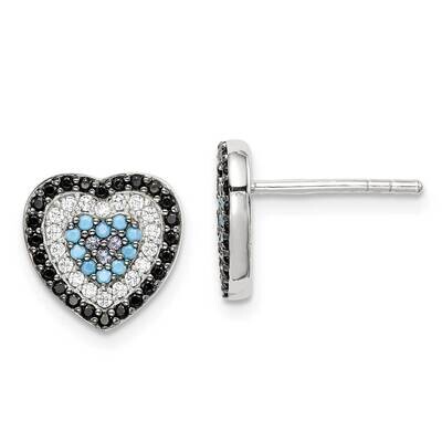 Black, White &amp; Blue Heart Post Earrings Sterling Silver CZ Diamond QE15032, MPN: QE15032, 886774093…