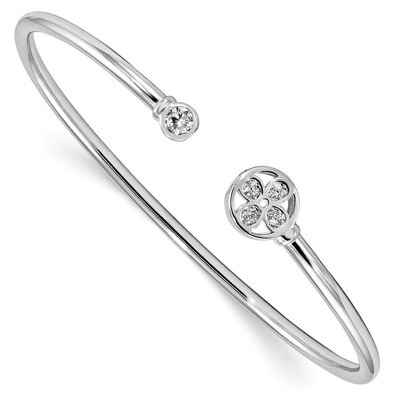 CZ Diamond Flower Cuff Bangle Sterling Silver Rhodium-plated QB1181, MPN: QB1181,