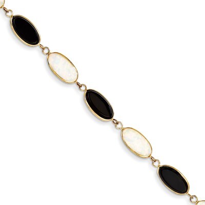 8.5in Onyx &amp; Imitation Opal Bracelet 8.5 Inch 14k Gold XF2627-8.5, MPN: XF2627-8.5, 191101536915