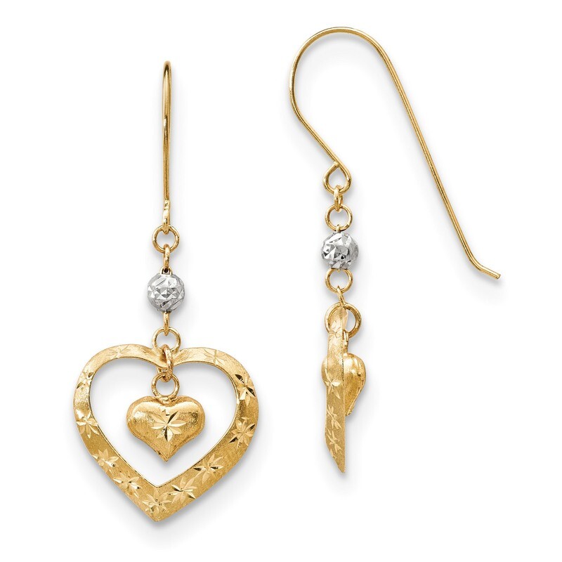 Satin Diamond -cut Heart Dangle Shepherd Hook Earrings 14k Two-Tone Gold TH975, MPN: TH975, 1911010…