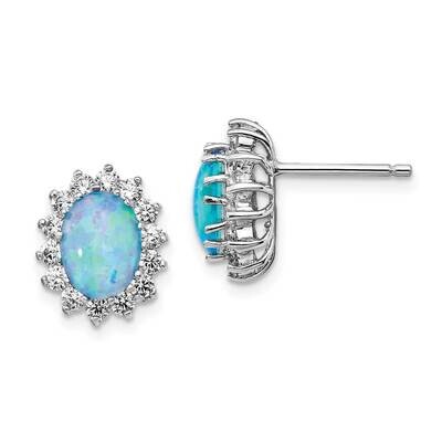 CZ Diamond &amp; Created Blue Opal Post Earrings Sterling Silver Rhodium Plated QCM1396, MPN: QCM1396, …