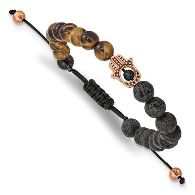 Rose Ip Lava Stone and Tiger&#39;s Eye Adjustable Bracelet Stainless Steel Polished SRB2505, MPN: SRB25…