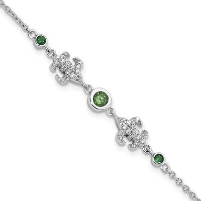Green &amp; White CZ Diamond Fleur De Lis with 1 Inch Extender Bracelet Sterling Silver Rhodium-Plated …