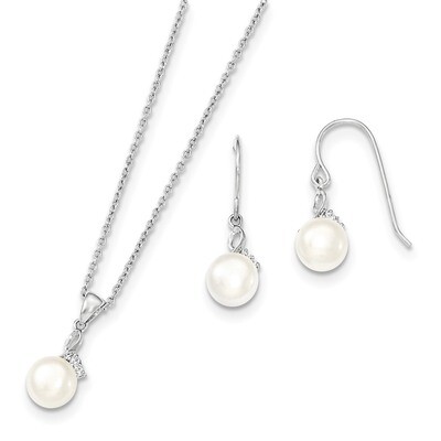 7-8mm White Cultured Freshwater Pearl CZ Diamond Neck and Earring Set Sterling Silver Rhodium QH518…