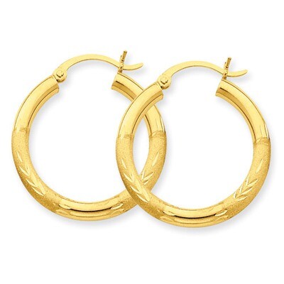 Satin &amp; Diamond-cut 3mm Round Hoop Earrings 10k Gold 10TC289, MPN: 10TC289, 883957896878