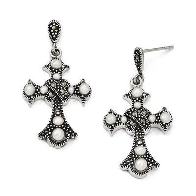 Marcasite &amp; FW Cultured Pearl Cross Earrings Sterling Silver QE11132