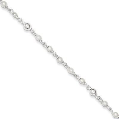 10 Inch Cultured Pearl &amp; Heart Anklet Sterling Silver Polished QH942-10, MPN: QH942-10, 883957955636