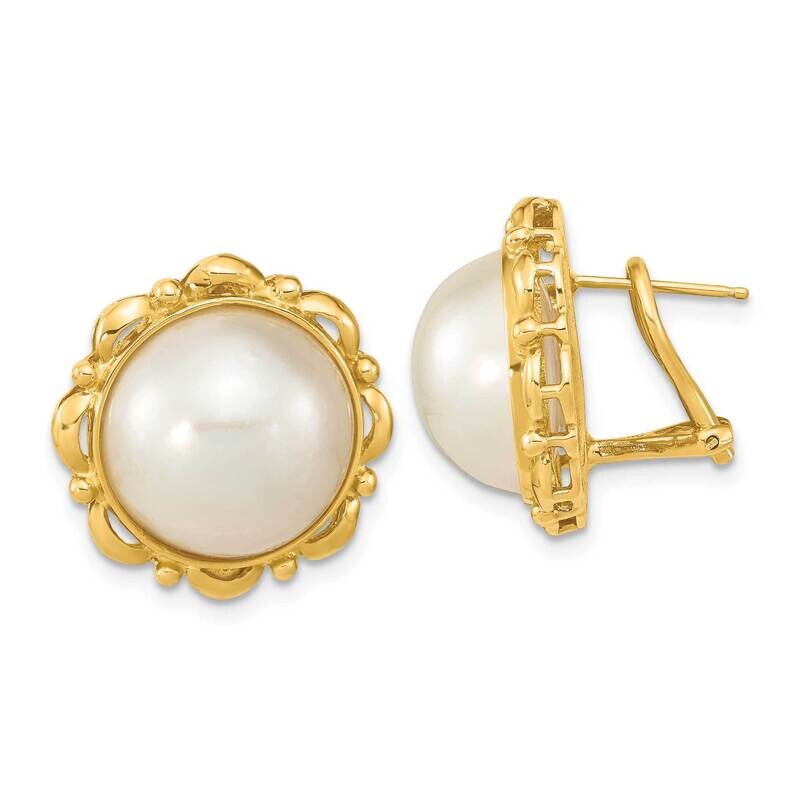 13-14mm White Saltwater Mabe Pearl Omega Back Earrings 14k Gold XMP101