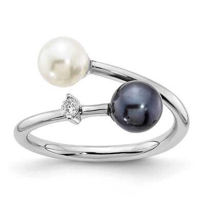 5-6mm Round Black &amp; White Saltwater Akoya Pearl Diamond Adjustable Ring 14k White Gold Y13945PL/A, …