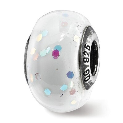 White Glitter Italian Glass Bead Sterling Silver QRS3718, MPN: QRS3718,