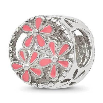 Pink Enameled Floral Circle Bead Sterling Silver QRS4355, MPN: QRS4355,