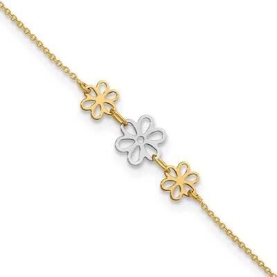 Three Flower 9 Inch Plus 1 Inch Extender Anklet 14k Two-Tone Gold Polished ANK321-9, MPN: ANK321-9,…