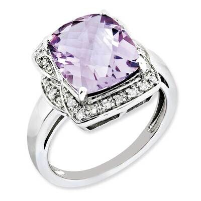 Diamond &amp; Checker-Cut Pink Quartz Ring Sterling Silver Rhodium-plated QR3032PQ-7, MPN: QR3032PQ, 88…