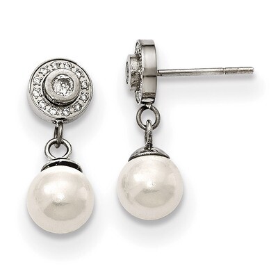 CZ and FWC Pearl Dangle Earrings Stainless Steel Polished SRE1011 by Chisel, MPN: SRE1011, 88677457…