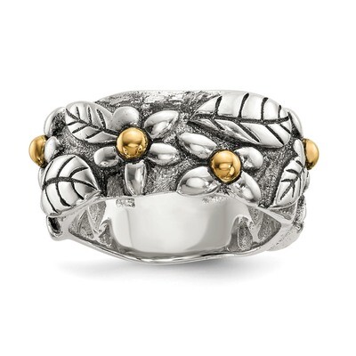Antiqued Leaves &amp; Flowers Band Sterling Silver with 14k Gold QR6597, MPN: QR6597, 883957328423