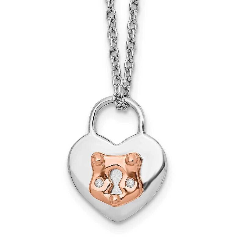 Ss White Ice Diamond Rose-Tone Heart Lock 18 Inch with 2 Inch Ext. Necklace QW400-18