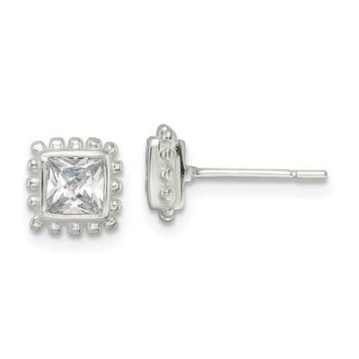 Beaded Edge Square CZ Diamond Post Earrings Sterling Silver QE16125, MPN: QE16125, 196904169278