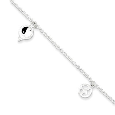 9 Inch Hearts &amp; Peace Sign Anklet Sterling Silver Polished QG2797-9, MPN: QG2797-9, 886774988276