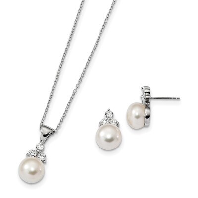 9-10mm Coin Cultured Freshwater Pearl CZ Diamond Earring/Necklace Set Sterling Silver Rhodium-plate…