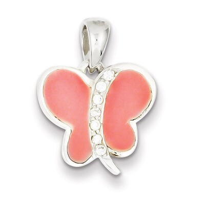 Sterling Silver Diamond and Pink Enameled Butterfly Pendant QP538