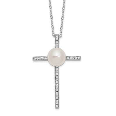 8-9mm Button Cultured Freshwater Pearl CZ Diamond Cross Necklace Sterling Silver Rhodium-plated QH5…