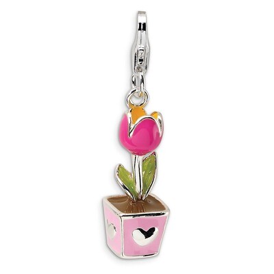 3-D Pink Enameled Potted Tulip Charm Sterling Silver QCC404 by Amore La Vita, MPN: QCC404, 88395733…