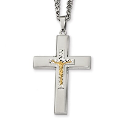 Yellow IP-plated 24 inch Crucifix Necklace Stainless Steel Polished SRN2384-24 by Chisel, MPN: SRN2…
