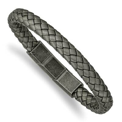 White Bronze Plated Grey Leather with .5 Inch Extender Bracelet Stainless Steel Antiqued SRB2416-8,…