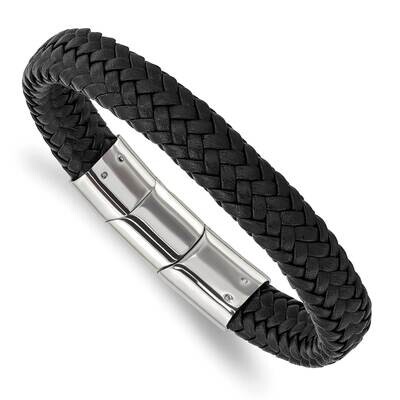 Black Woven Leather with .5 Inch Extender 8 Inch Bracelet Stainless Steel Polished SRB3022-8, MPN: …