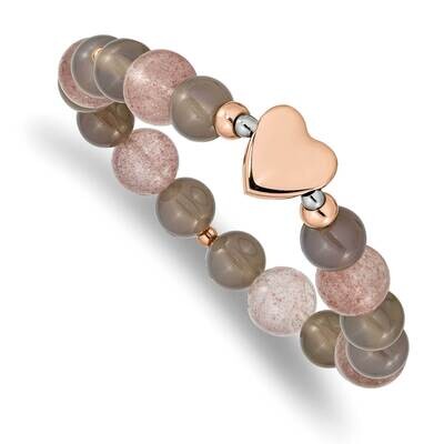 Rose Ip Heart Grey Agate Strawberry Quartz Stretch Bracelet Stainless Steel Polished SRB2551, MPN: …