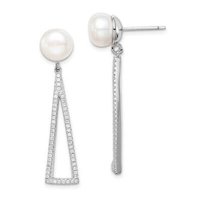 8-9mm White Button Freshwater Cultured Pearl CZ Diamond Earrings Sterling Silver Rhodium Plated QE1…