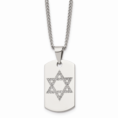 Star of David CZ Stone Stone Dog Tag Polished Necklace Stainless Steel SRN1356-22 by Chisel, MPN: S…